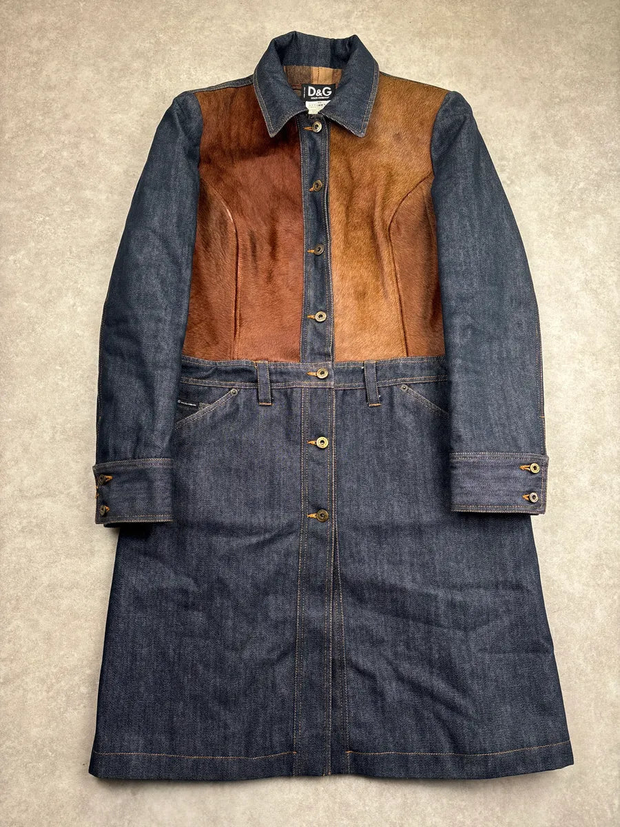 AW2005 Dolce & Gabbana Dark Indigo Denim Pony Hair Camel Long Coat petCfIoW 0