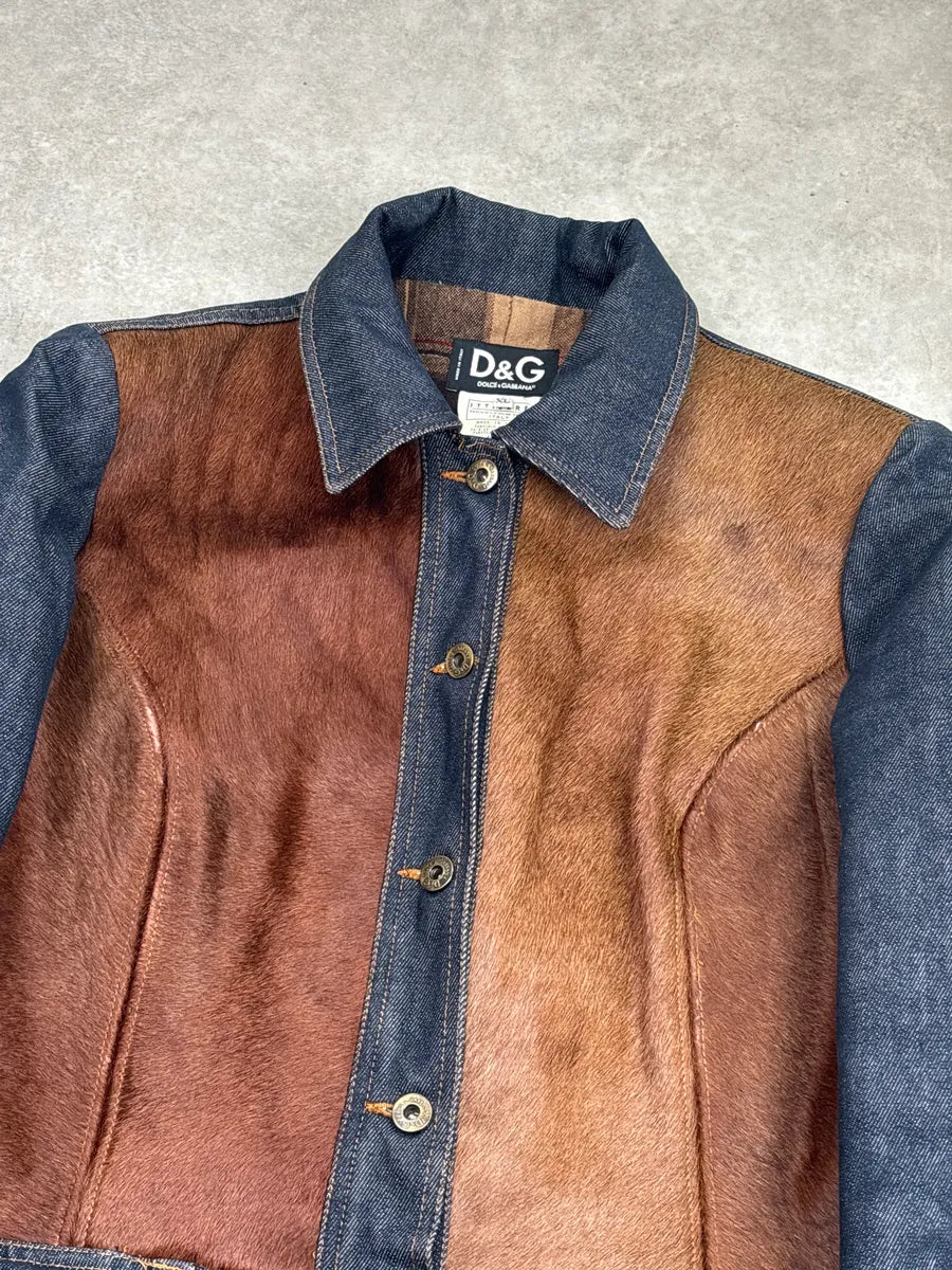 AW2005 Dolce & Gabbana Dark Indigo Denim Pony Hair Camel Long Coat petCfIoW 5
