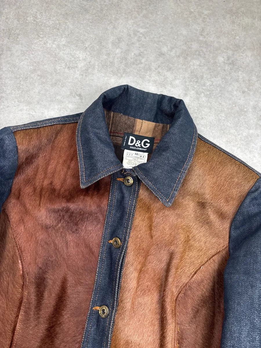 AW2005 Dolce & Gabbana Dark Indigo Denim Pony Hair Camel Long Coat petCfIoW 9