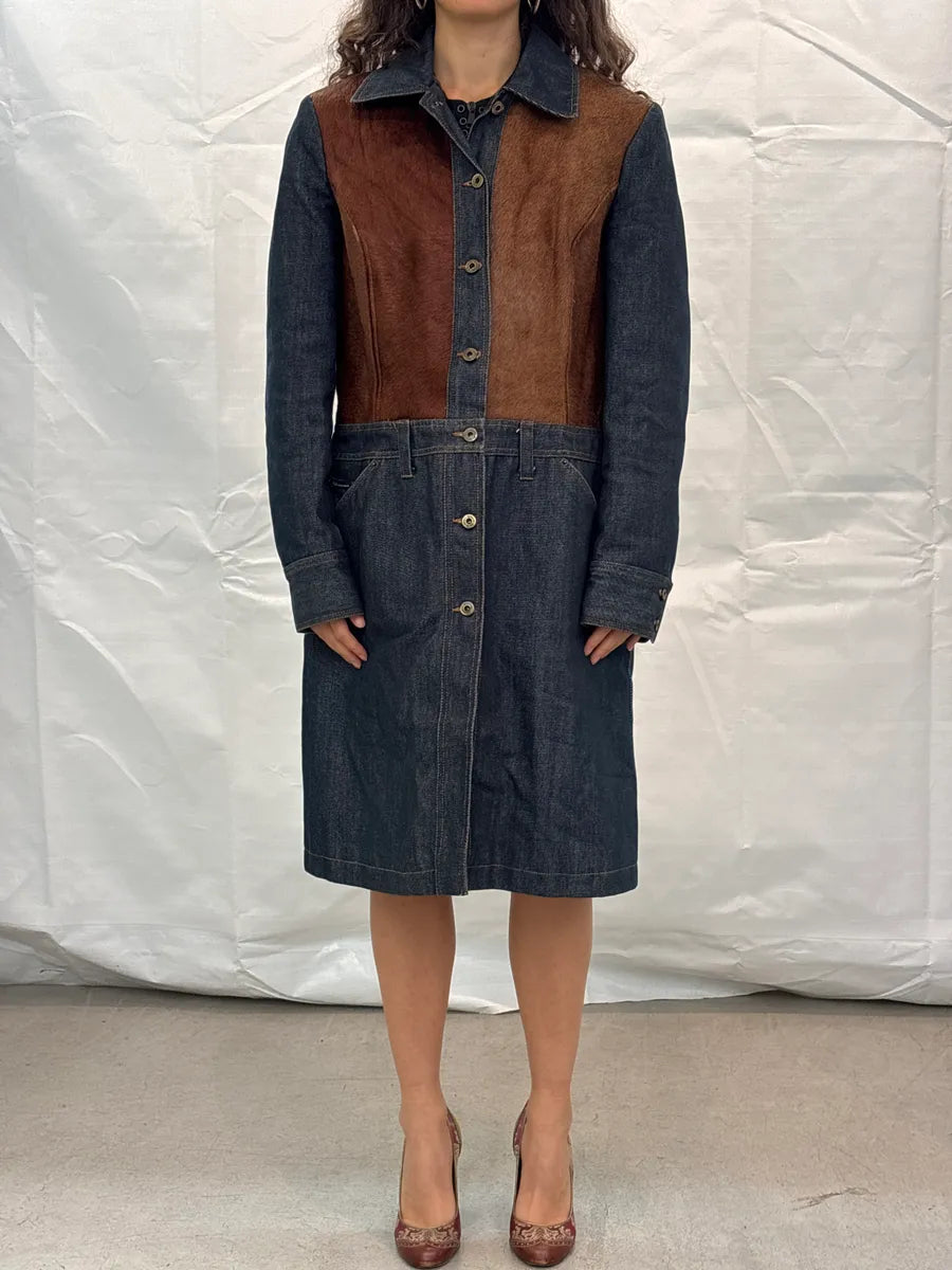 AW2005 Dolce & Gabbana Dark Indigo Denim Pony Hair Camel Long Coat petCfIoW 1