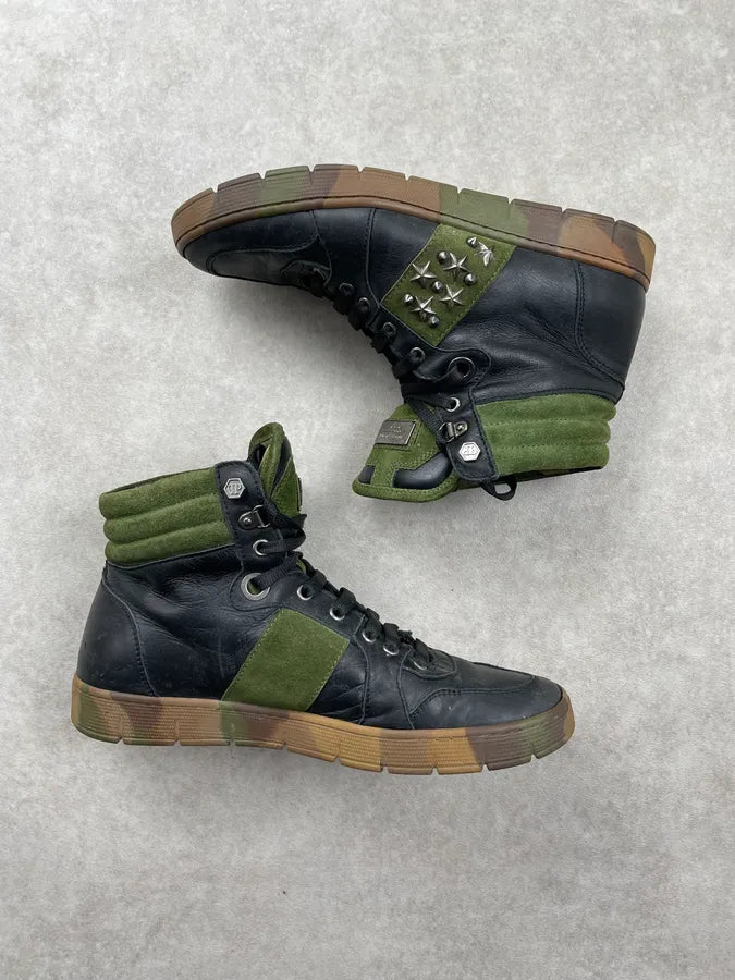 Philipp Plein Black Leather Studded High Camo Sneakers LHUzicE 2
