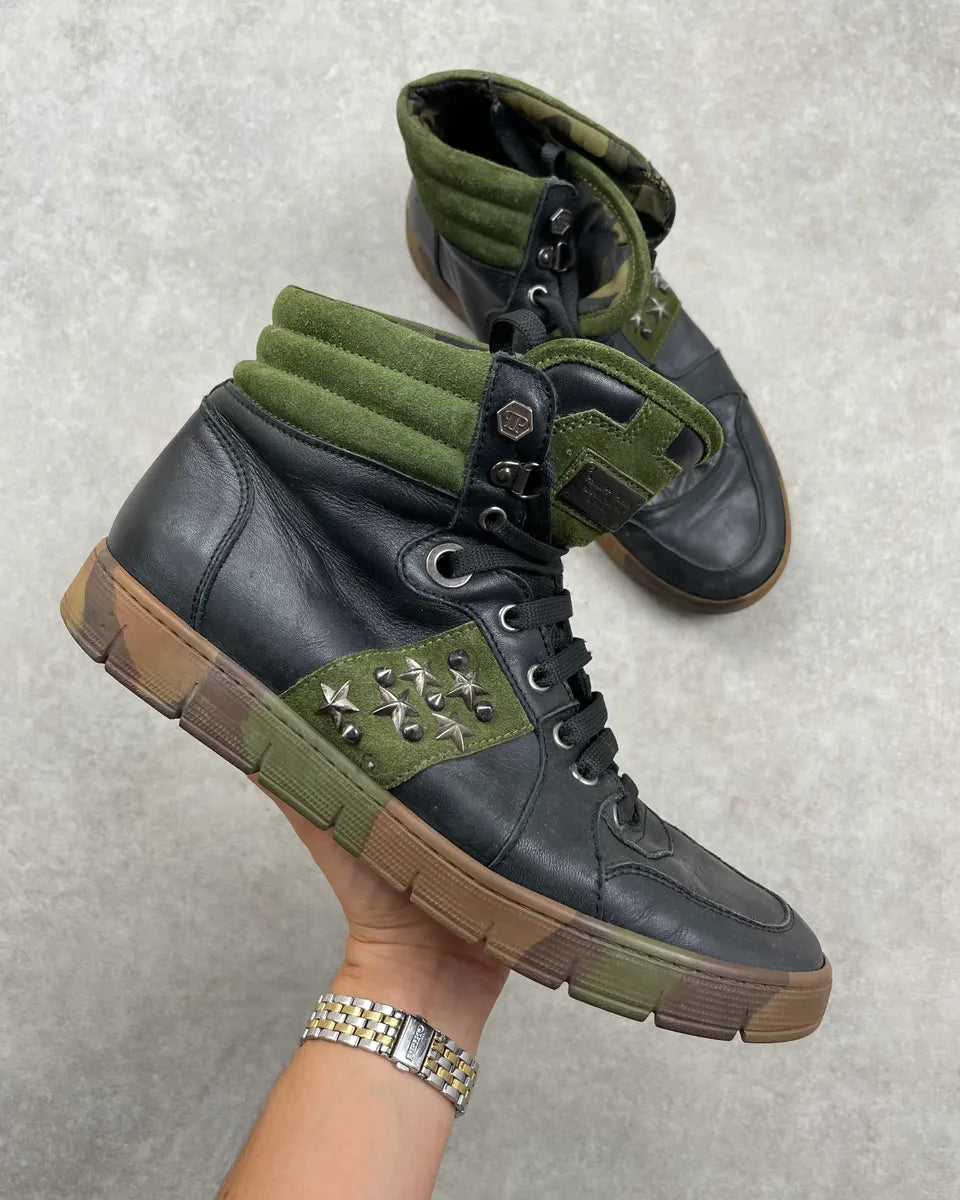 Philipp Plein Black Leather Studded High Camo Sneakers LHUzicE 0