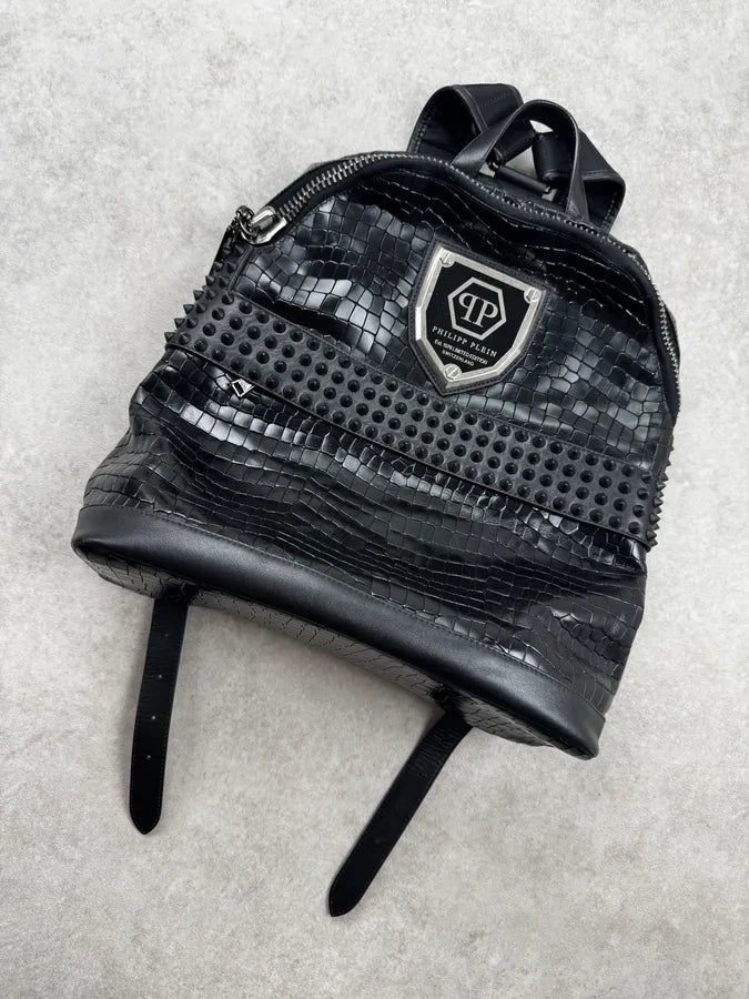Philipp Plein Black Studded Rock Luxury Crocodile Effect Leather Backpack adidVLM 4