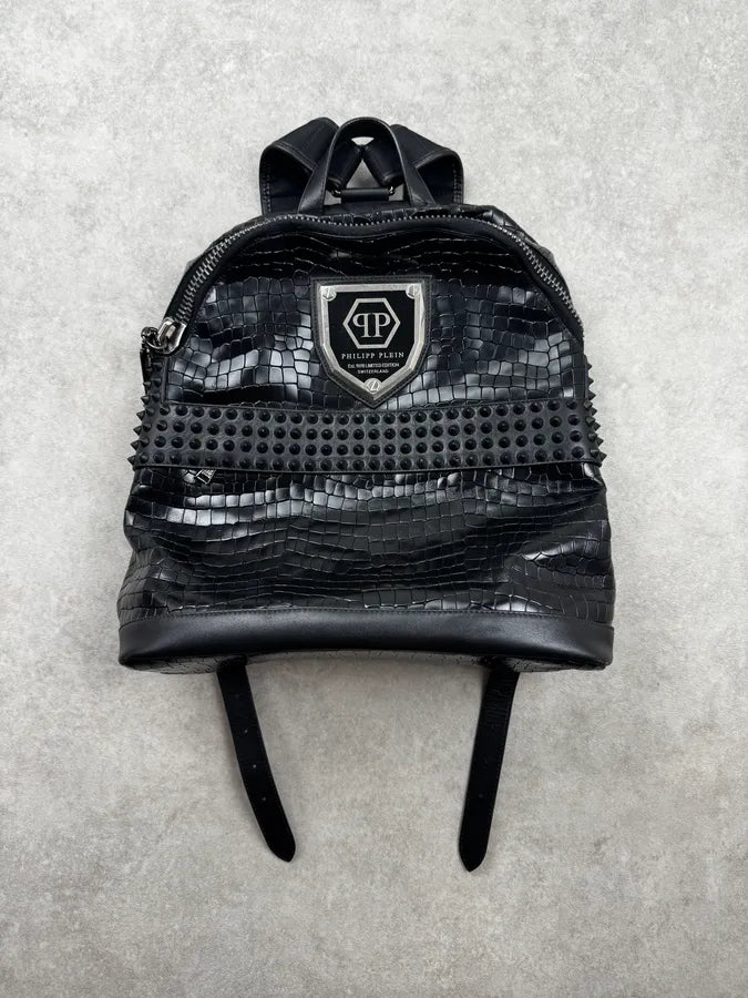 Philipp Plein Black Studded Rock Luxury Crocodile Effect Leather Backpack adidVLM 1