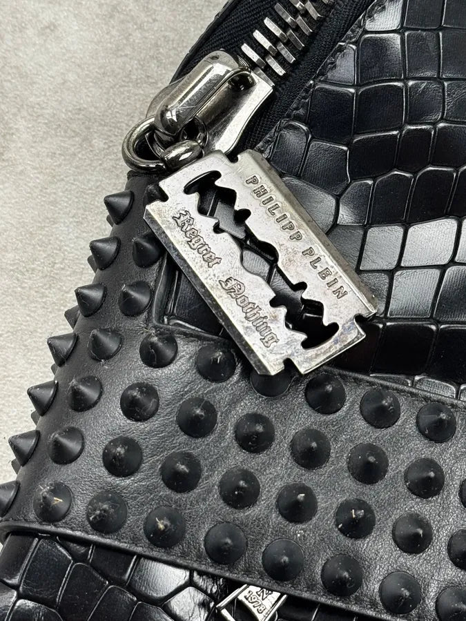 Philipp Plein Black Studded Rock Luxury Crocodile Effect Leather Backpack adidVLM 6