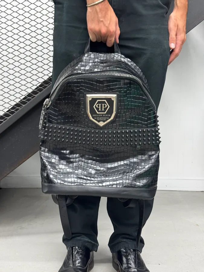 Philipp Plein Black Studded Rock Luxury Crocodile Effect Leather Backpack adidVLM 3