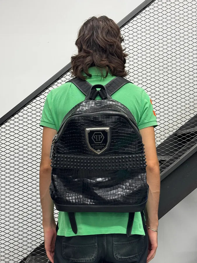 Philipp Plein Black Studded Rock Luxury Crocodile Effect Leather Backpack adidVLM 0