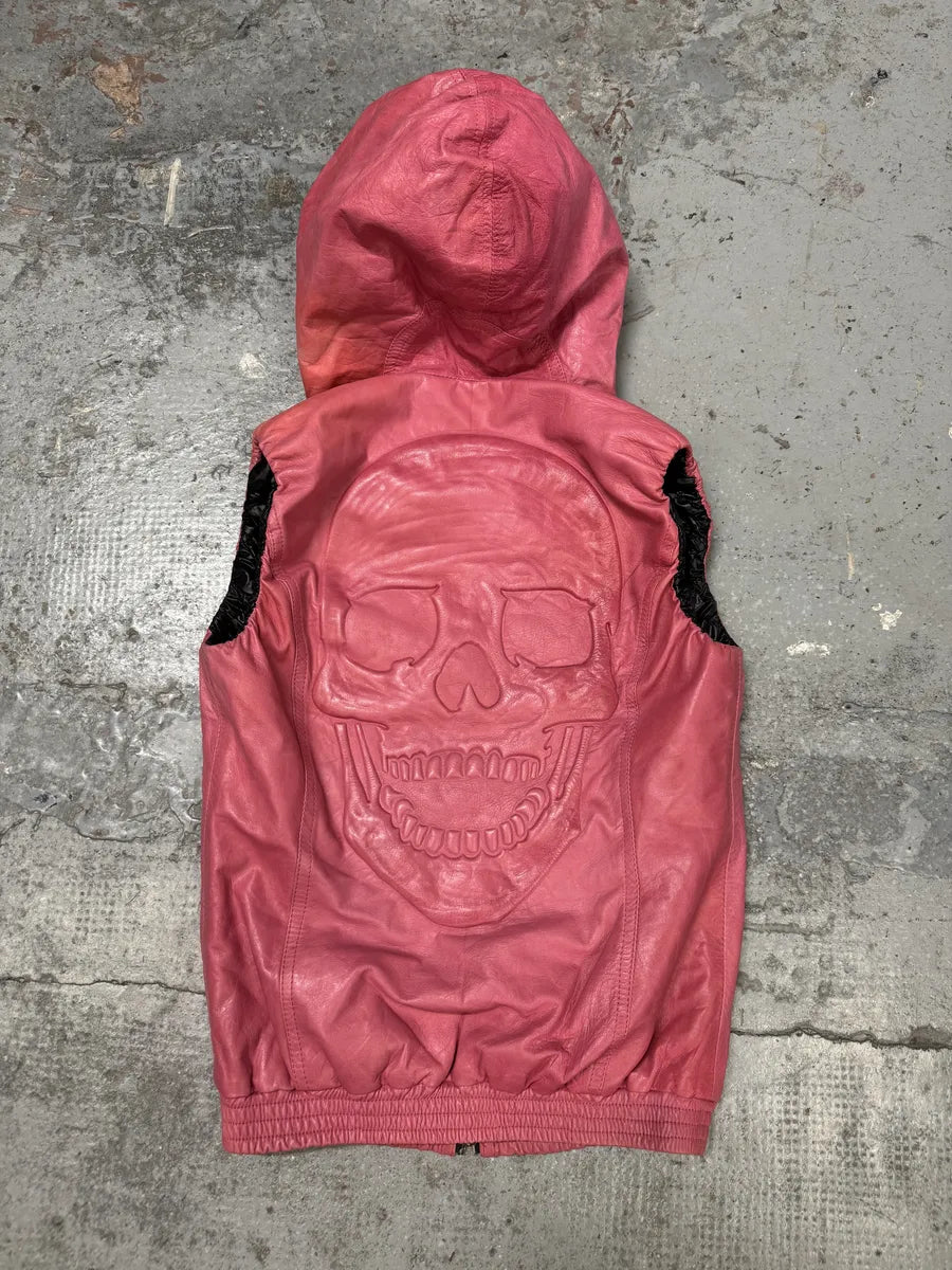 Philipp Plein Limited Deadskull Sleeveless Hooded Red Leather  Jacket cImGGBz 0
