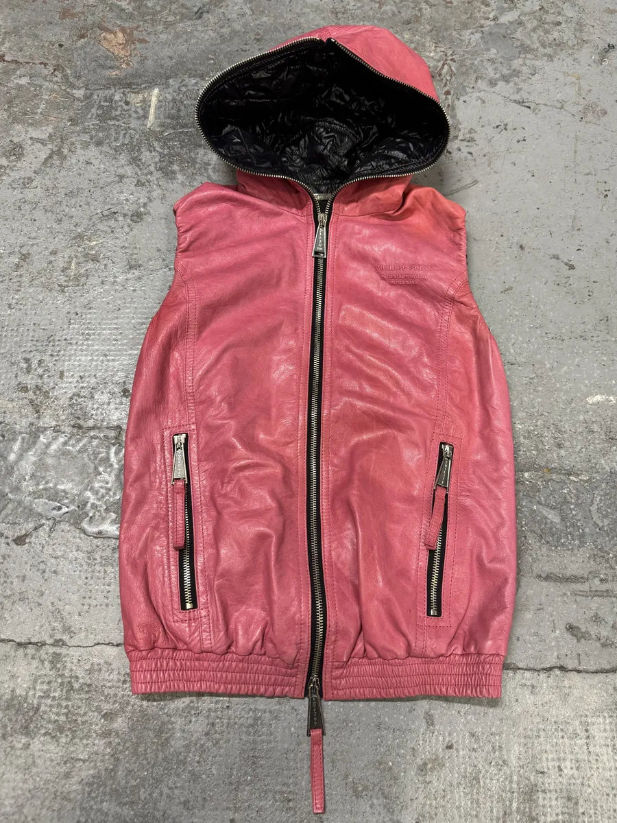 Philipp Plein Limited Deadskull Sleeveless Hooded Red Leather  Jacket cImGGBz 1