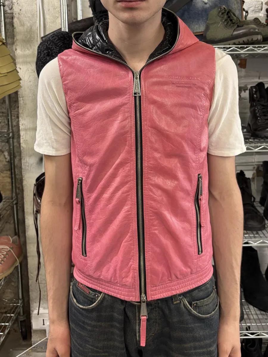 Philipp Plein Limited Deadskull Sleeveless Hooded Red Leather  Jacket cImGGBz 2