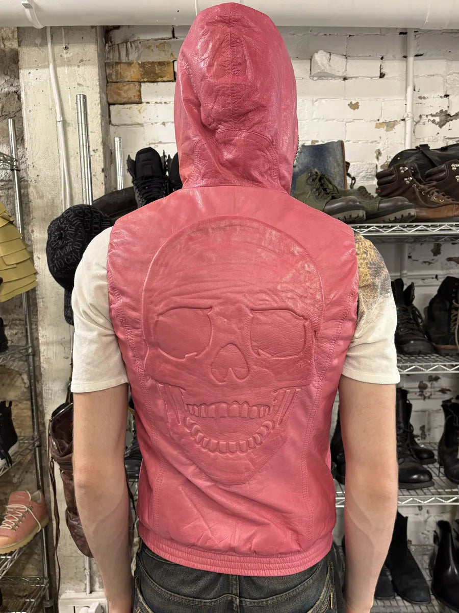 Philipp Plein Limited Deadskull Sleeveless Hooded Red Leather  Jacket cImGGBz 3