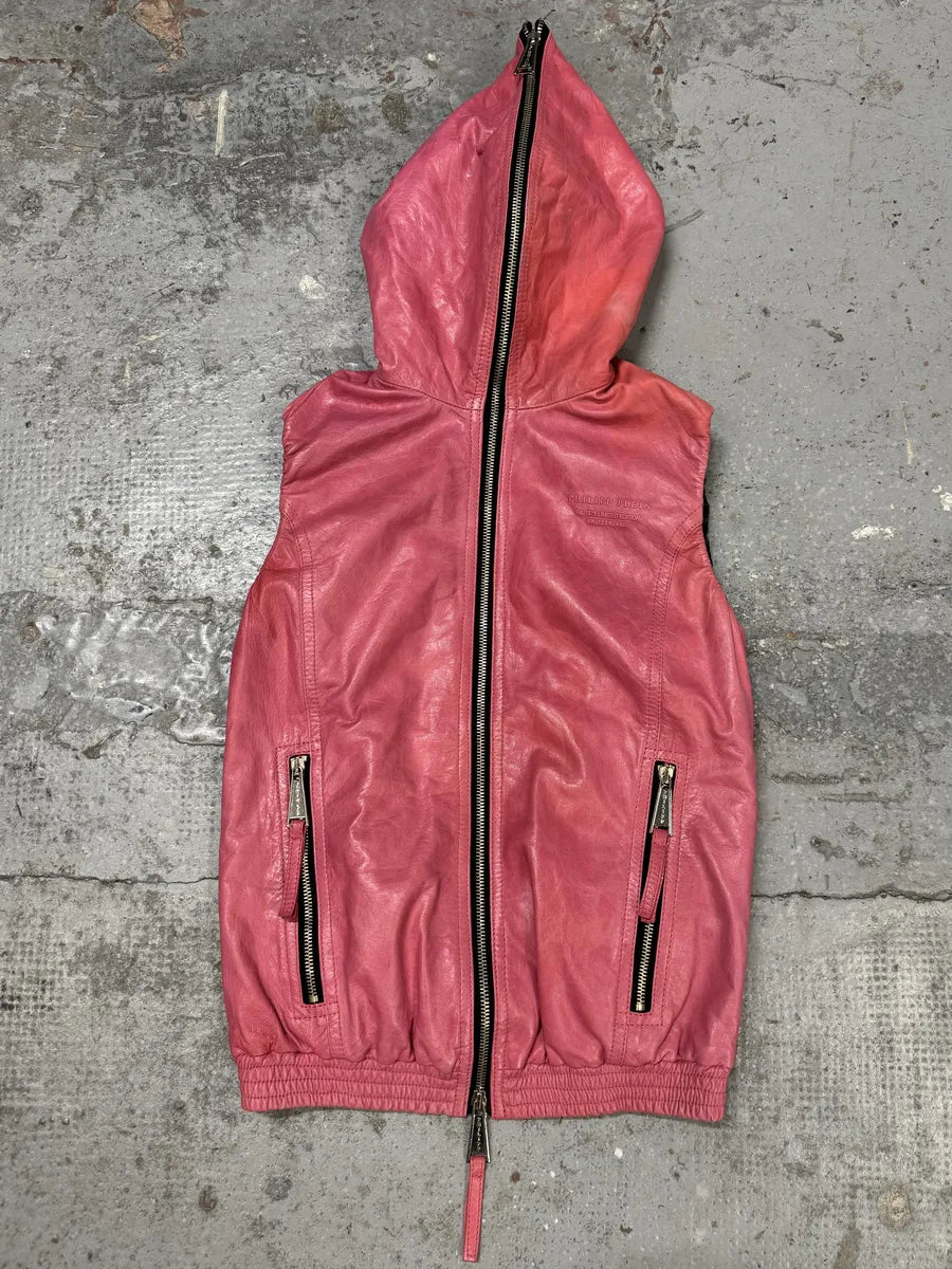 Philipp Plein Limited Deadskull Sleeveless Hooded Red Leather  Jacket cImGGBz 4