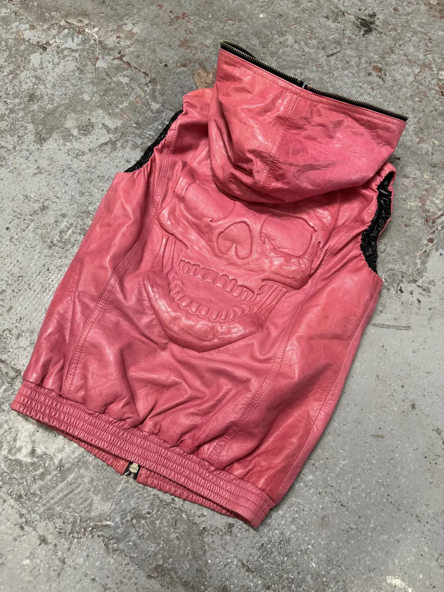 Philipp Plein Limited Deadskull Sleeveless Hooded Red Leather  Jacket cImGGBz 8