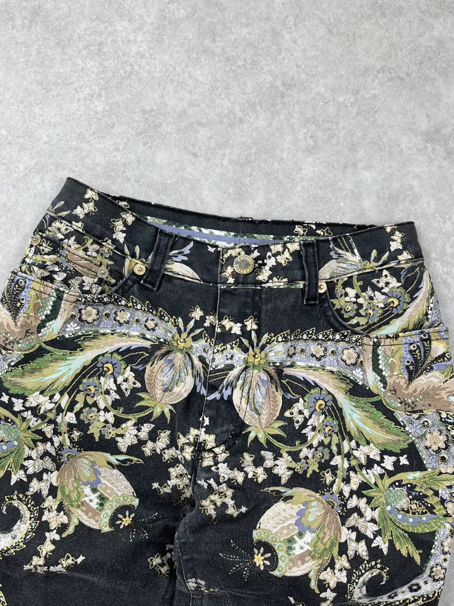 2000s Roberto Cavalli Black Denim Baroque Floral Print Jeans syUdYJgx 5