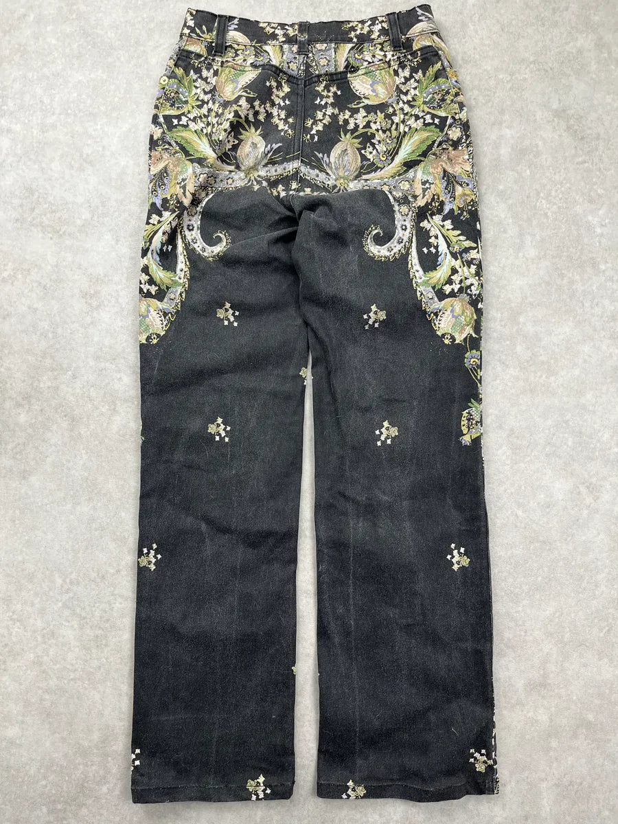 2000s Roberto Cavalli Black Denim Baroque Floral Print Jeans syUdYJgx 4