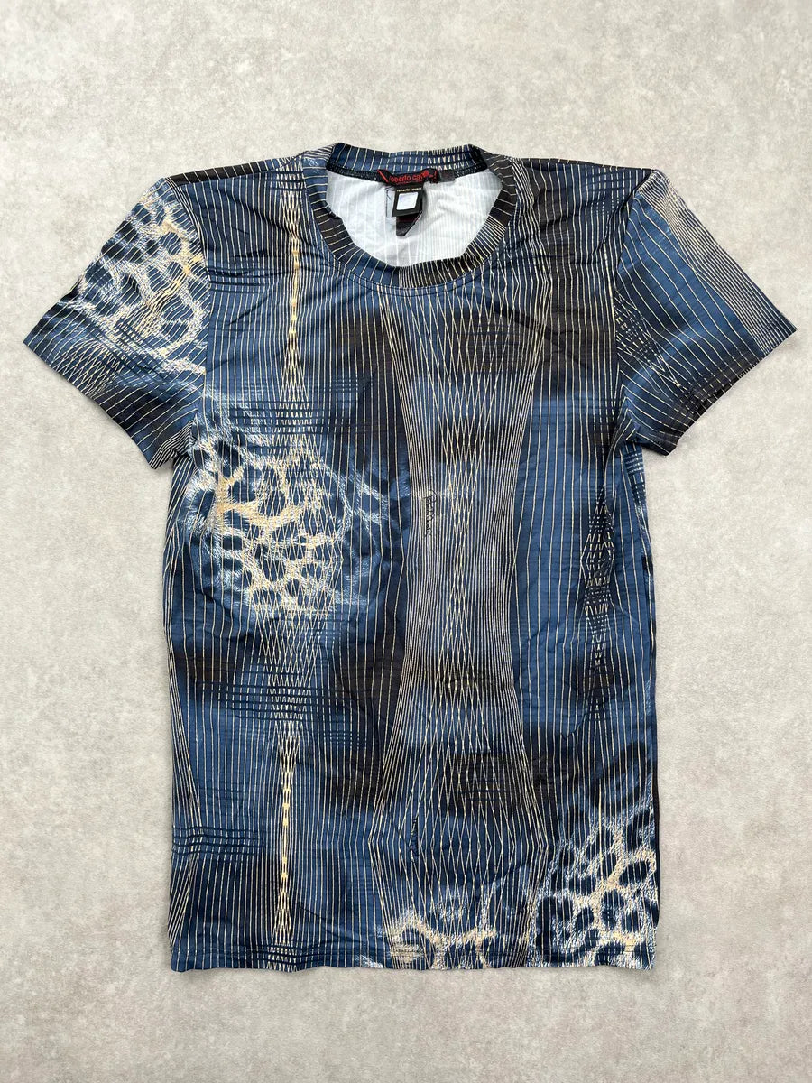 2000s Roberto Cavalli Underwear Blue Abstract Stripes Leopard T-Shirt HiTtOZpb 0