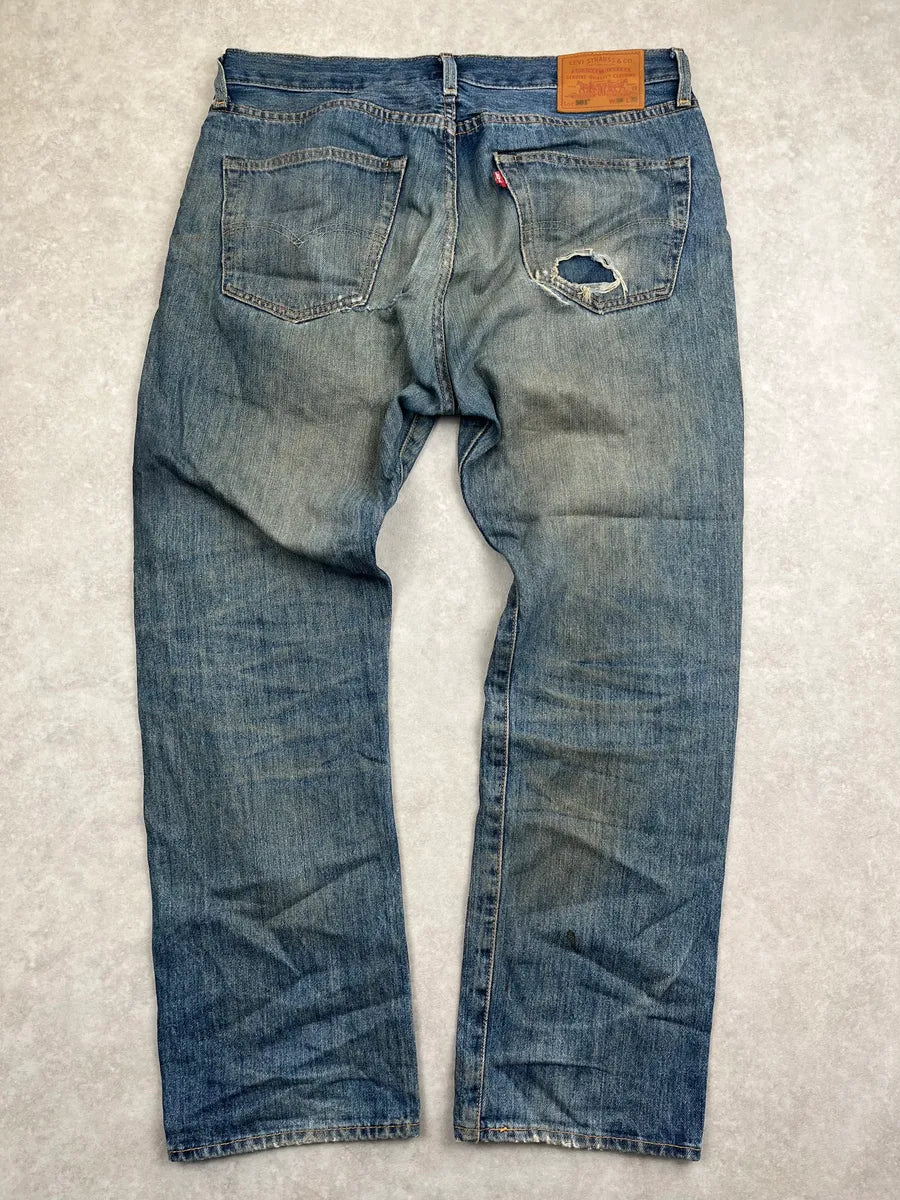 Levi's Blue Denim Distressed Straight-Leg Jeans nhtuBvWg 4