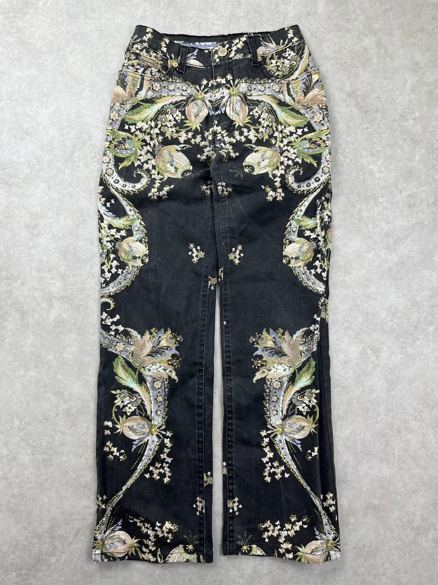 2000s Roberto Cavalli Black Denim Baroque Floral Print Jeans syUdYJgx 0