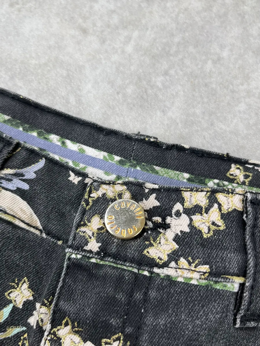 2000s Roberto Cavalli Black Denim Baroque Floral Print Jeans syUdYJgx 7