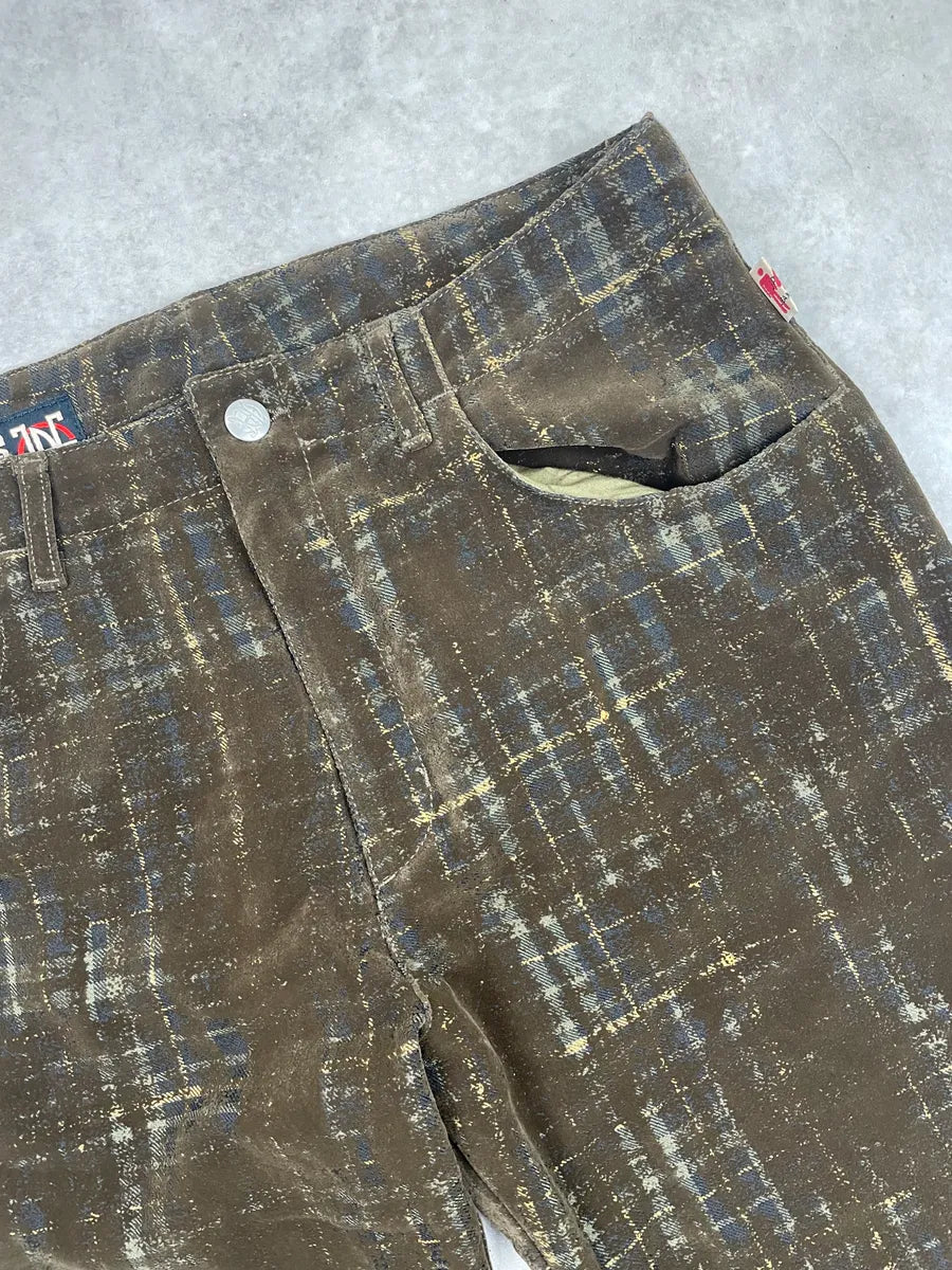 1990s Jean Paul Gaultier Brown Velvet Abstract Plaid Pants kXXnwlIU 7