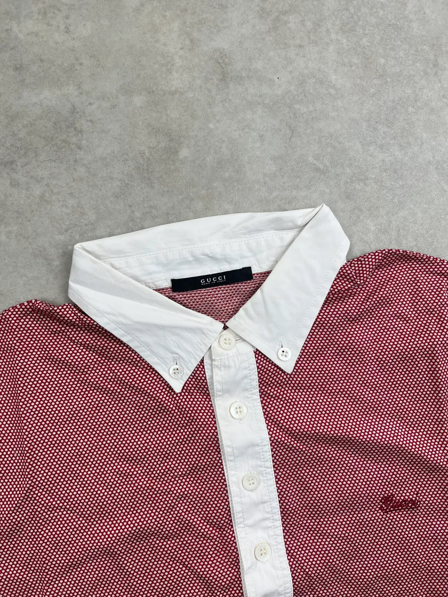 2000s Gucci Red and White Pattern Collar Polo feQseXqU 4