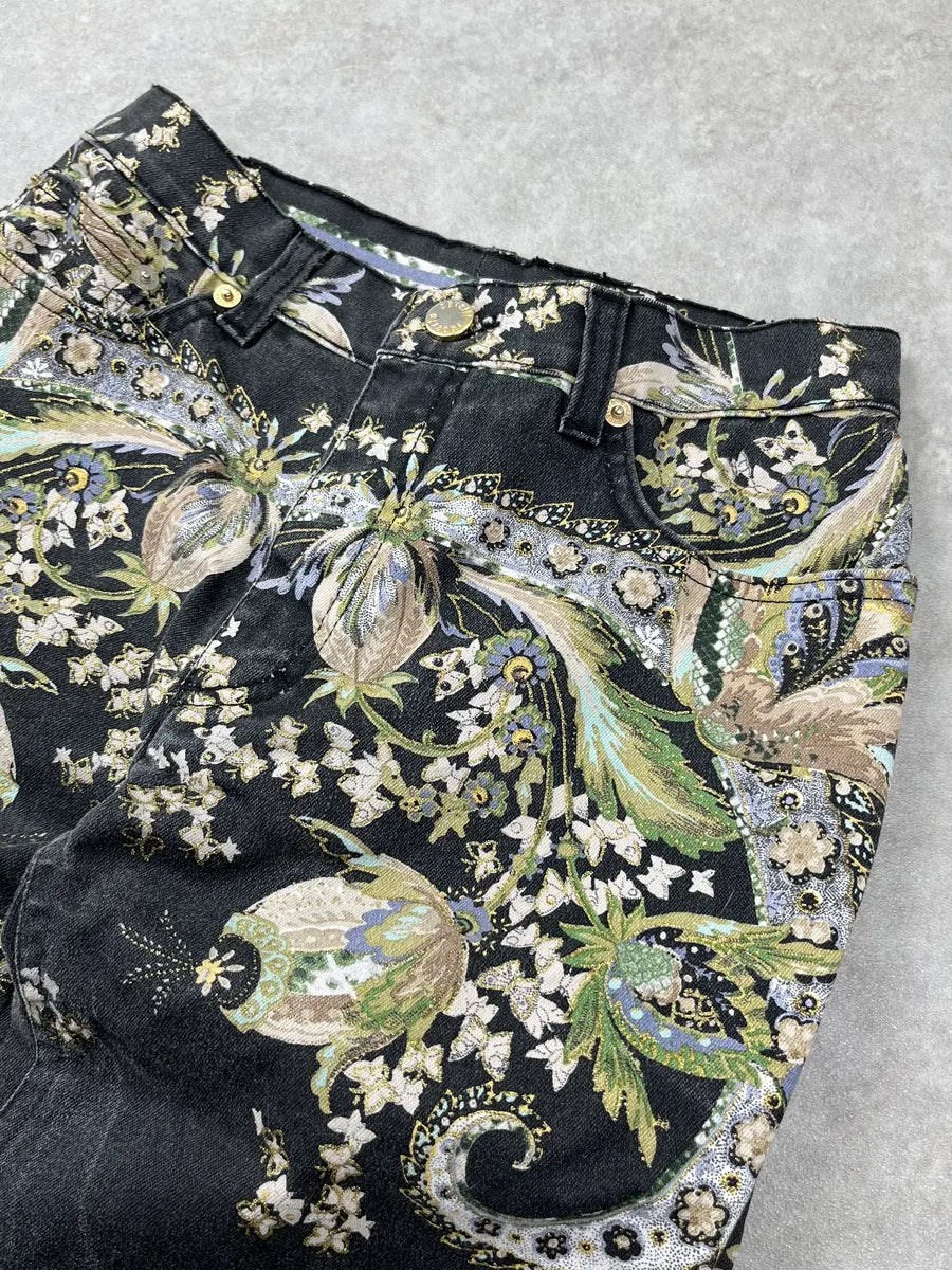 2000s Roberto Cavalli Black Denim Baroque Floral Print Jeans syUdYJgx 8