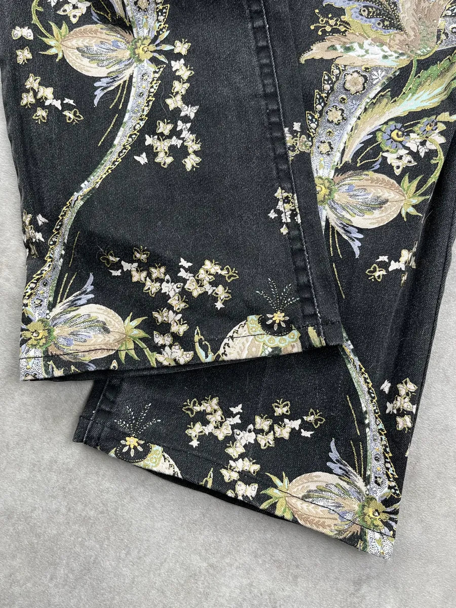 2000s Roberto Cavalli Black Denim Baroque Floral Print Jeans syUdYJgx 9