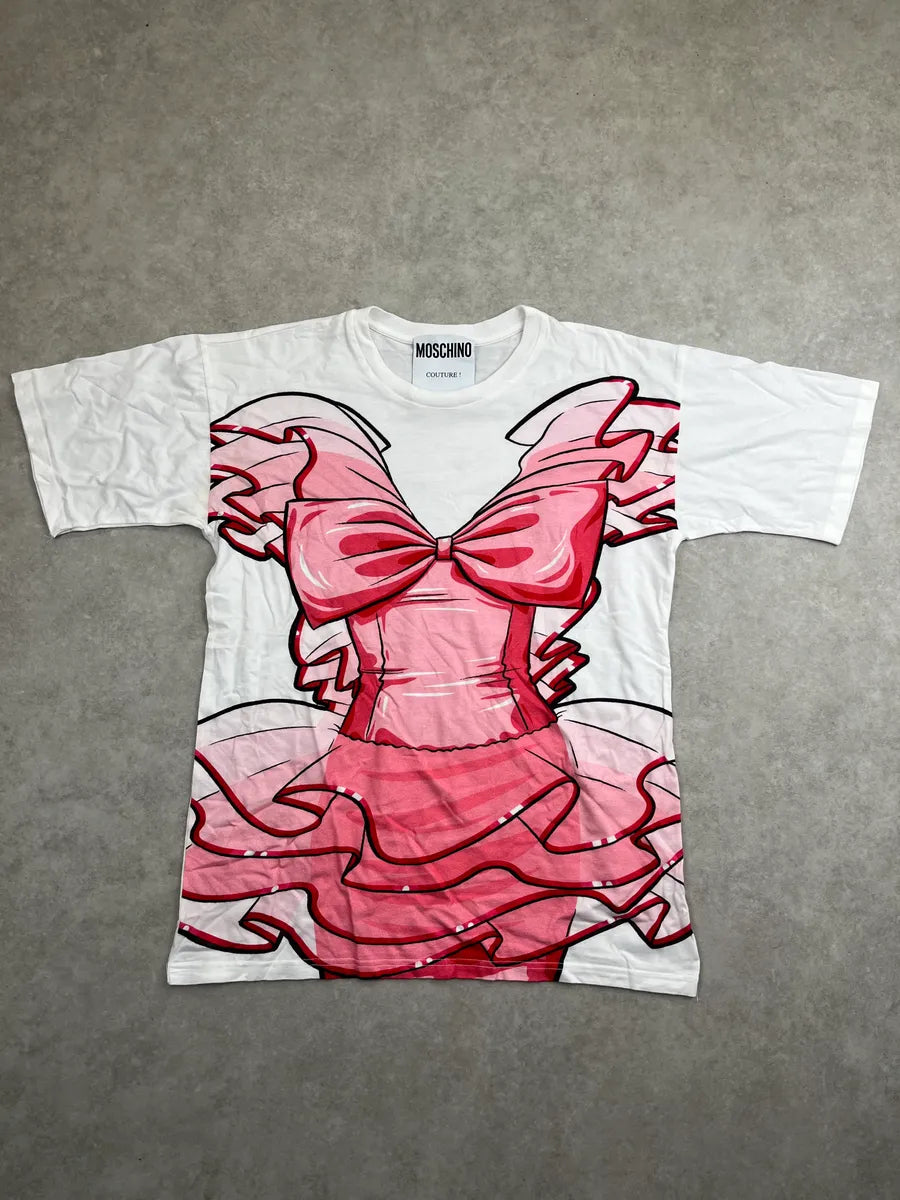 SS2017 Moschino White Pink Bow Trompe-l'Oeil Dress Paper Doll T-Shirt NTvQadBK 0