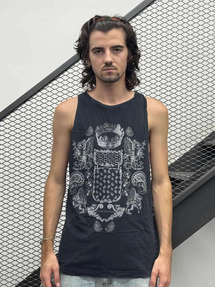 SS2012 Pierre Balmain Black Faded Royal Tank Top aFYhKeE 1