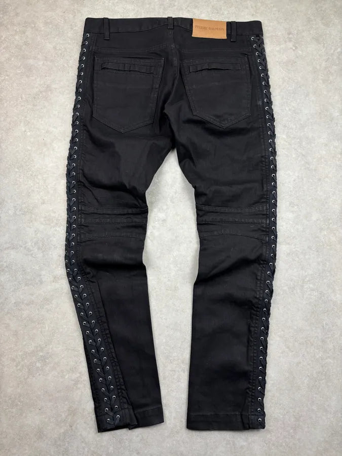 SS2013 Pierre Balmain Black Denim Lace-Up Side Jeans yHIhBhW 5