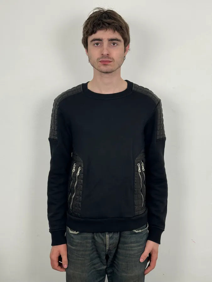 2010s Balmain Black Quilted Leather Pocket Sweater vyQKvKV 1
