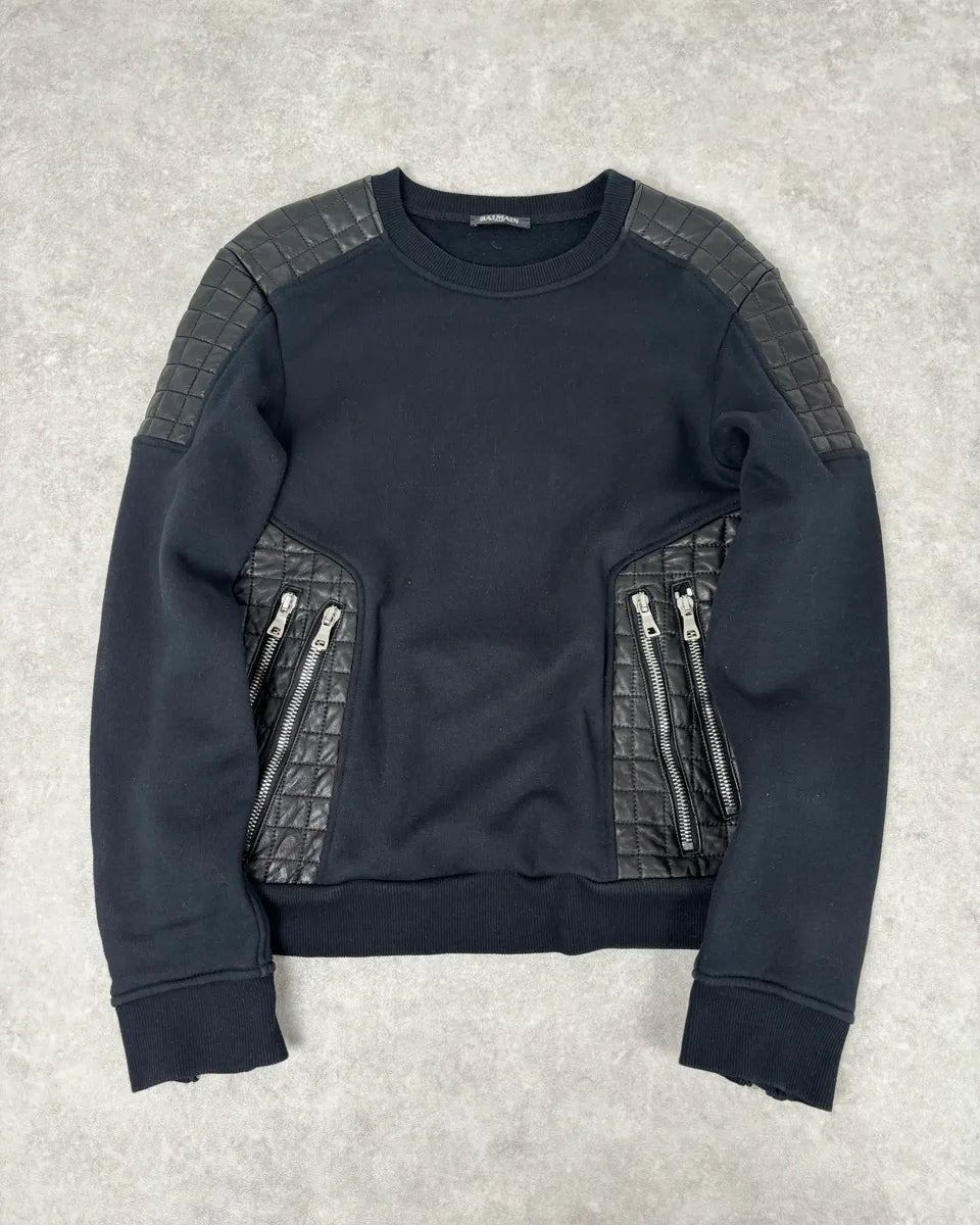 2010s Balmain Black Quilted Leather Pocket Sweater vyQKvKV 0