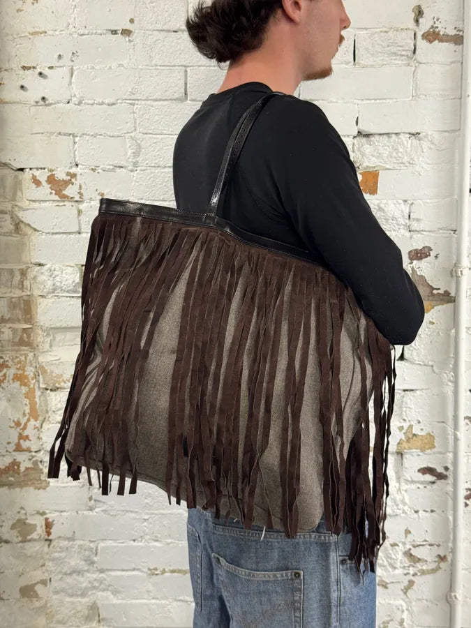 Pierre Balmain Grey & Brown Suede Iroquois Fringe Tote Bag bxhIDsn 2