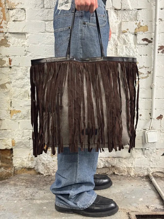 Pierre Balmain Grey & Brown Suede Iroquois Fringe Tote Bag bxhIDsn 0