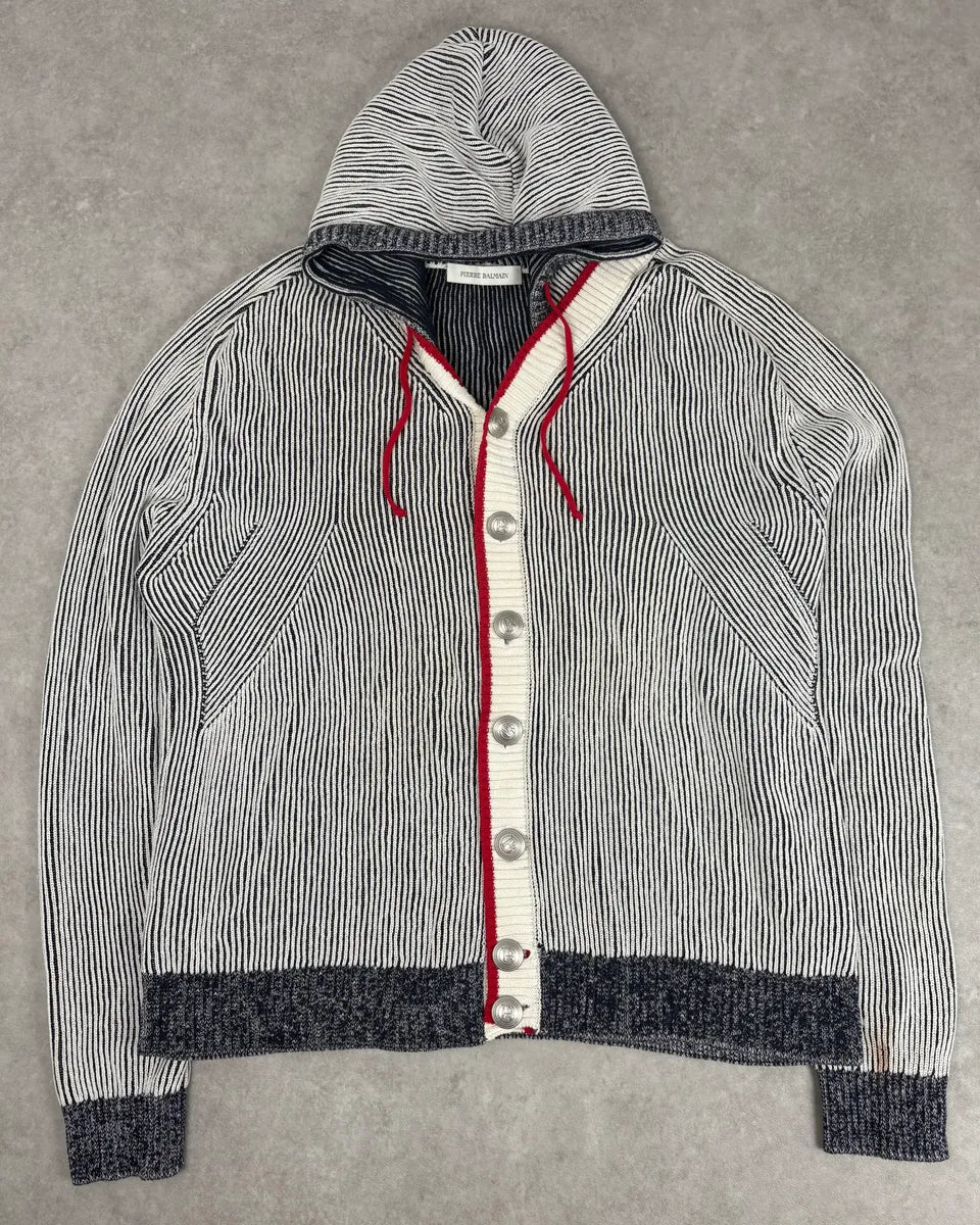 Pierre Balmain White & Grey Hooded Buttoned Cardigan Sweater YwFehoR 0