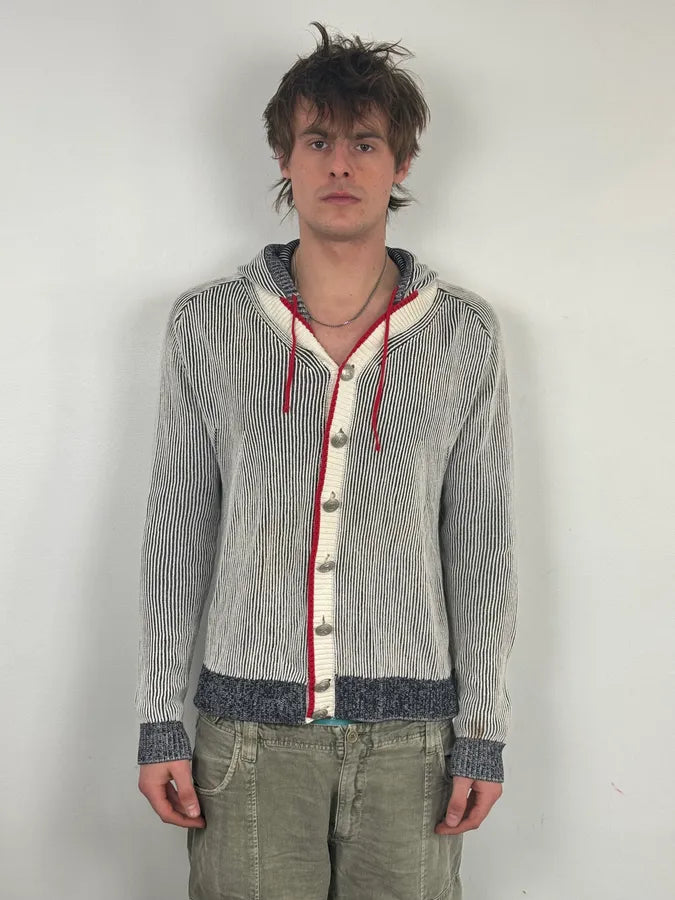 Pierre Balmain White & Grey Hooded Buttoned Cardigan Sweater YwFehoR 1