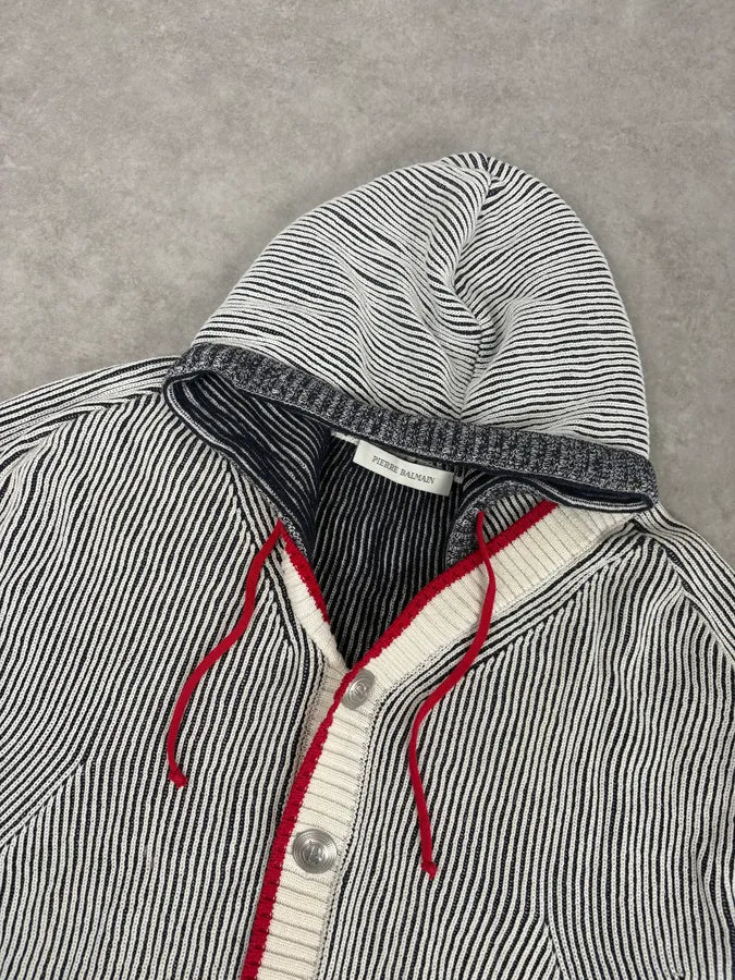 Pierre Balmain White & Grey Hooded Buttoned Cardigan Sweater YwFehoR 3