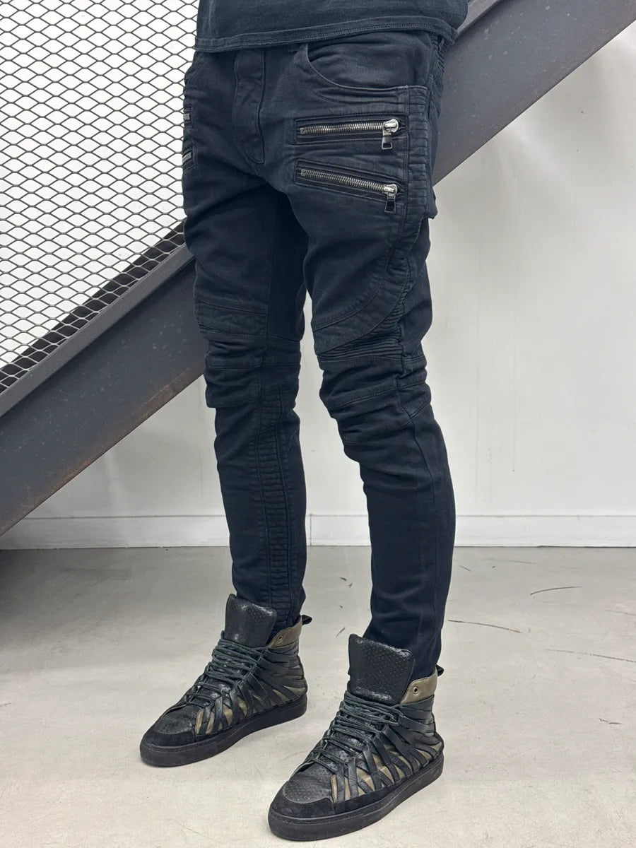 AW2015 Balmain Black Biker Zip-Pocket Slim Denim Jeans plegFSjE 2
