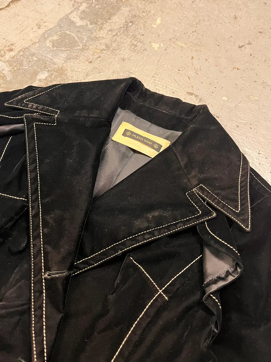 Plein Sud Black Velvet Contrast Stitch Coat SiHRkJg 4