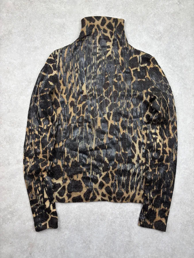 2000s Plein Sud Brown Animal Print Knit Turtleneck Sweater OVZywbc 2