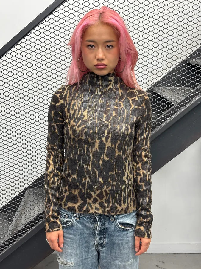 2000s Plein Sud Brown Animal Print Knit Turtleneck Sweater OVZywbc 0