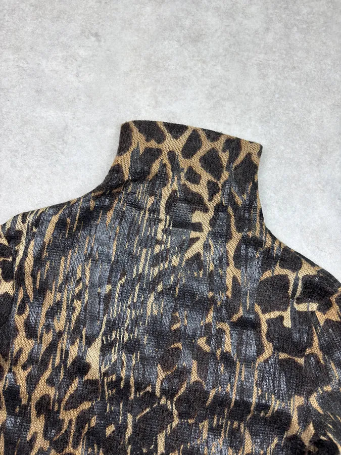 2000s Plein Sud Brown Animal Print Knit Turtleneck Sweater OVZywbc 3