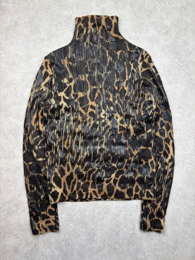 2000s Plein Sud Brown Animal Print Knit Turtleneck Sweater OVZywbc 4