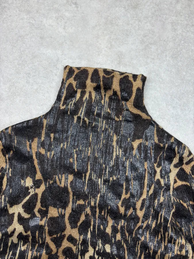 2000s Plein Sud Brown Animal Print Knit Turtleneck Sweater OVZywbc 5