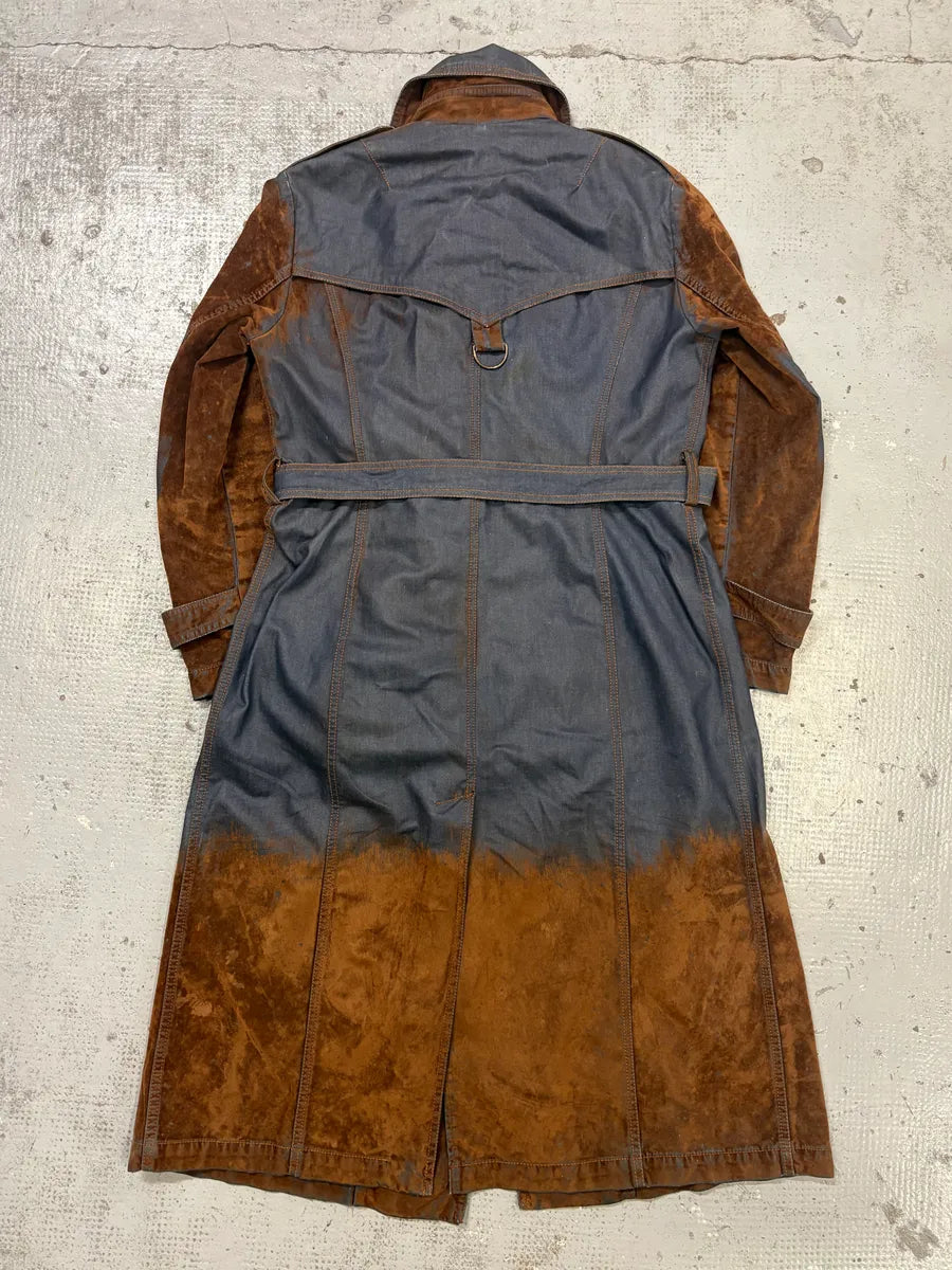 2000s Plein Sud Brown Suede Waxed Denim Two-Tone Trench Coat SNkDJNo 4