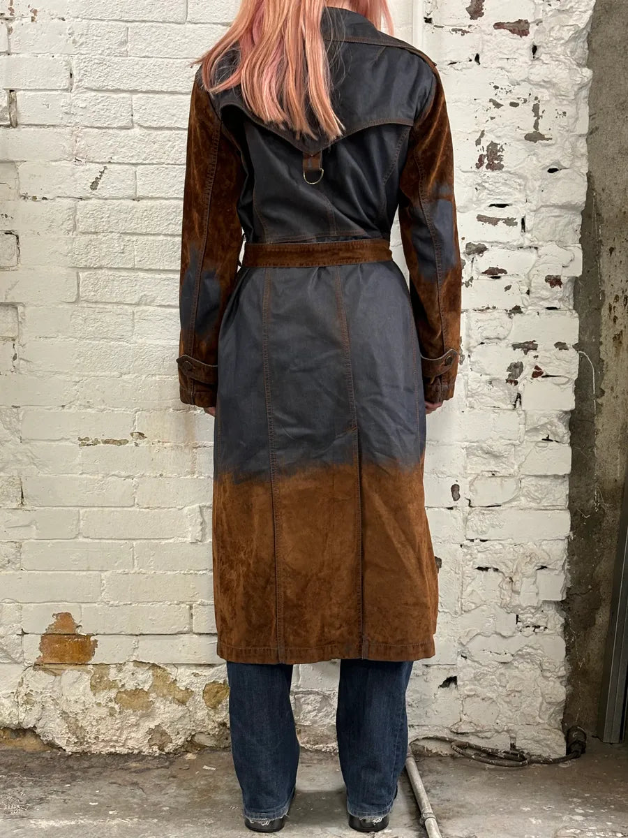 2000s Plein Sud Brown Suede Waxed Denim Two-Tone Trench Coat SNkDJNo 2