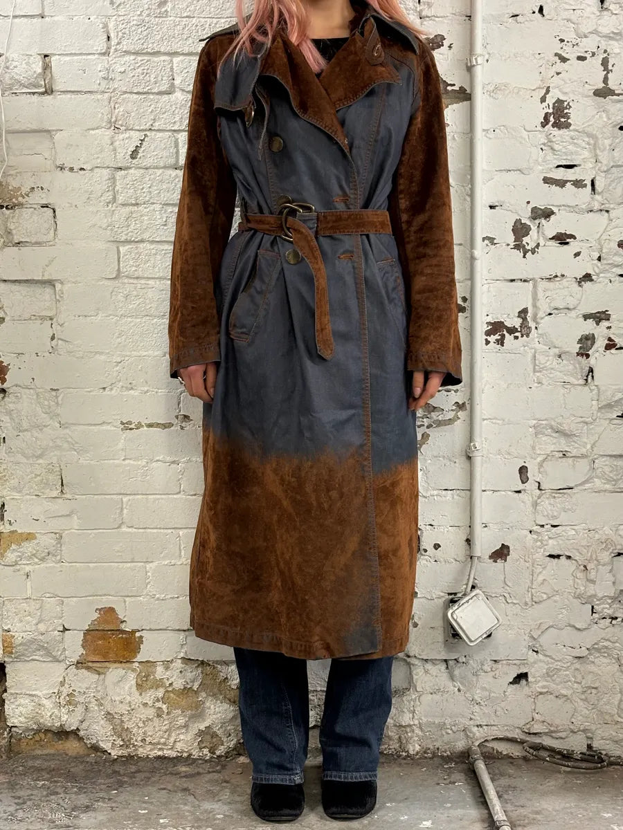 2000s Plein Sud Brown Suede Waxed Denim Two-Tone Trench Coat SNkDJNo 1