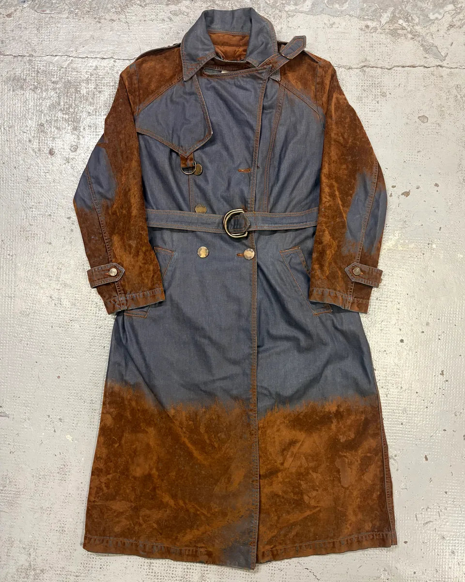 2000s Plein Sud Brown Suede Waxed Denim Two-Tone Trench Coat SNkDJNo 0