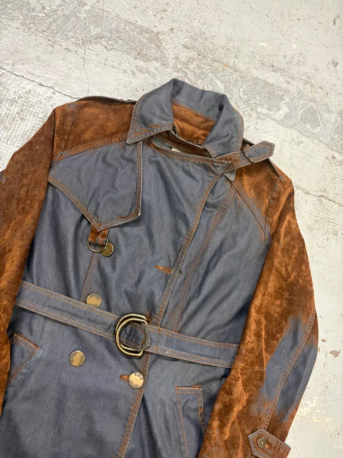 2000s Plein Sud Brown Suede Waxed Denim Two-Tone Trench Coat SNkDJNo 3