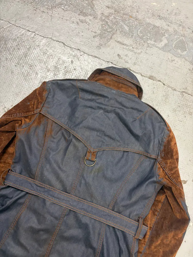 2000s Plein Sud Brown Suede Waxed Denim Two-Tone Trench Coat SNkDJNo 5